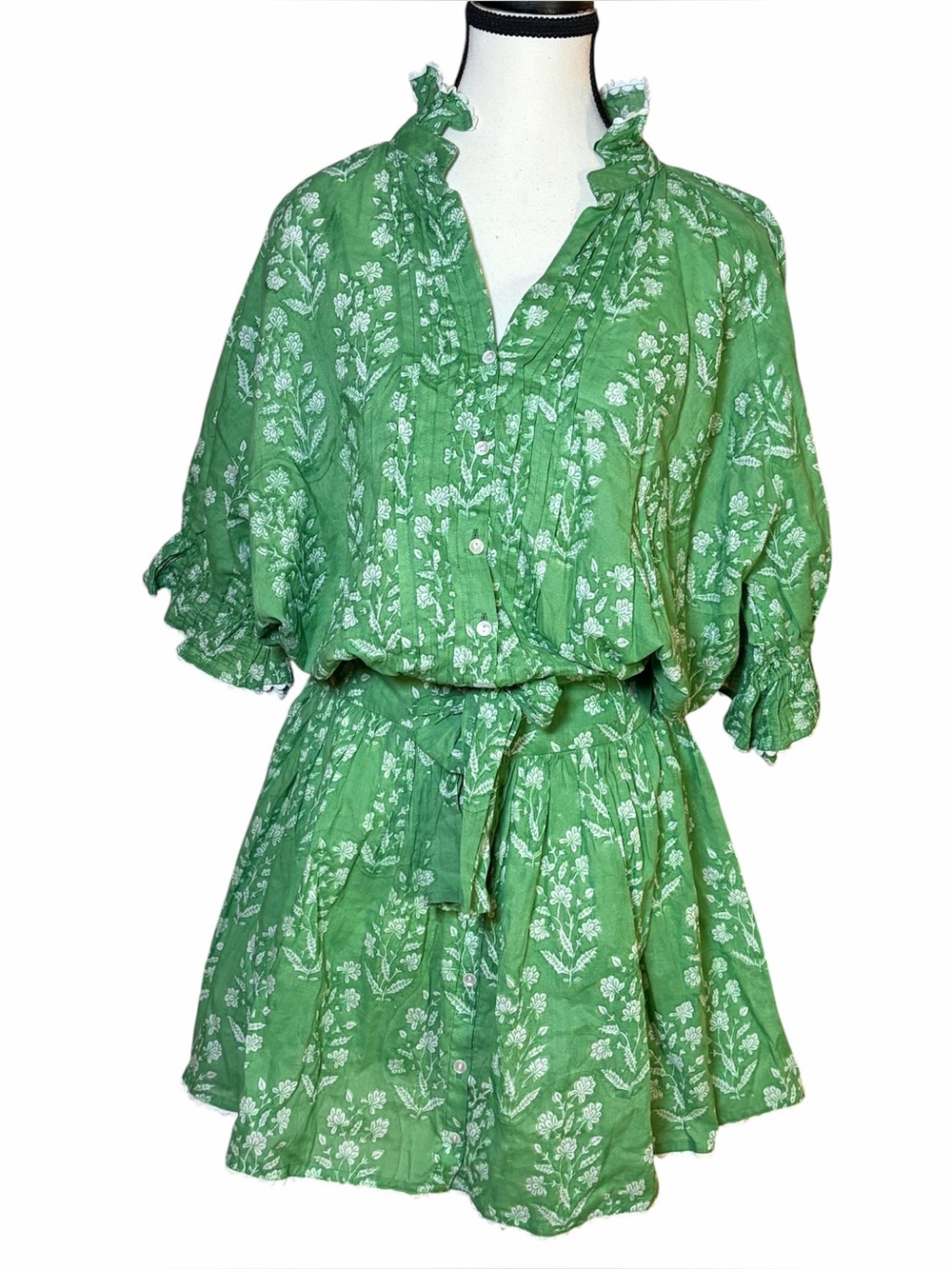 Juliet Dunn London Green Floral Blouson Mini Dress Waist Tie Ric Rac Trim Sz 4/6